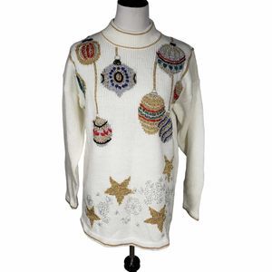 Dana Scott size Large White Gold Holiday Ugly Christmas Knit Sweater